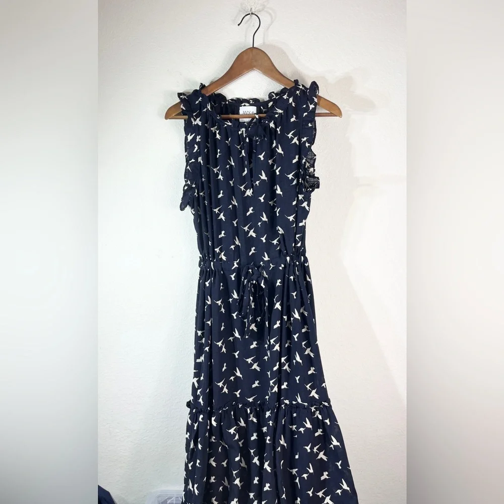 MISA Los Angeles Martina Midi Dress Navy Birds Sz L - Picture 2 of 9